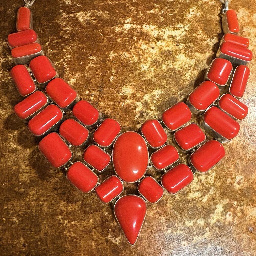 Silver Tone and Rectangle/Teardrop Red Cabachon Bib Necklace Adjustable